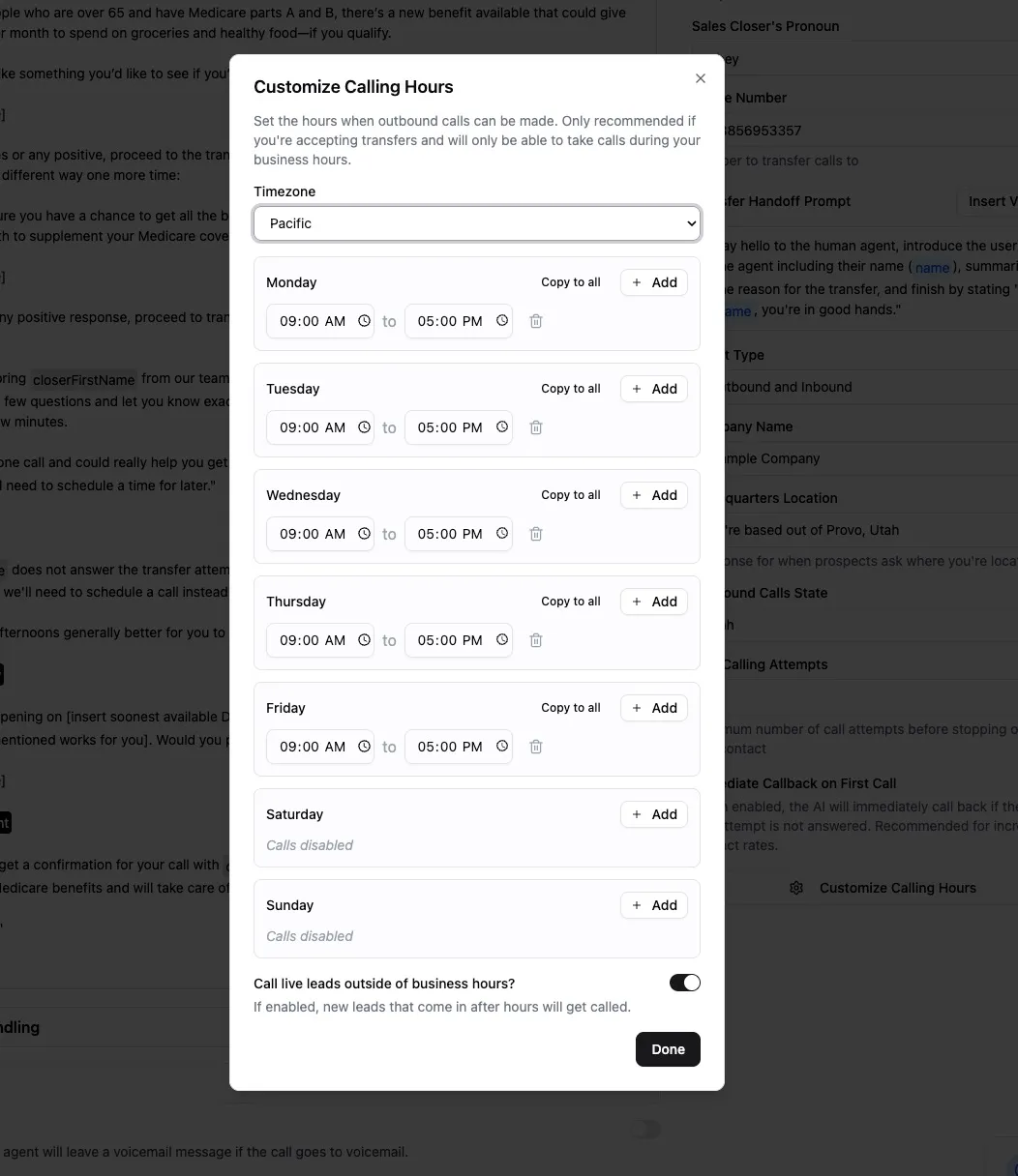 Screenshot of calling hours modal