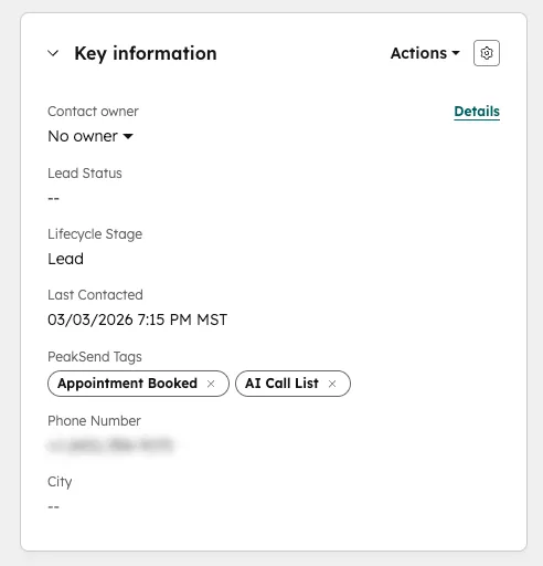 Hubspot contact record showing PeakSend Tags