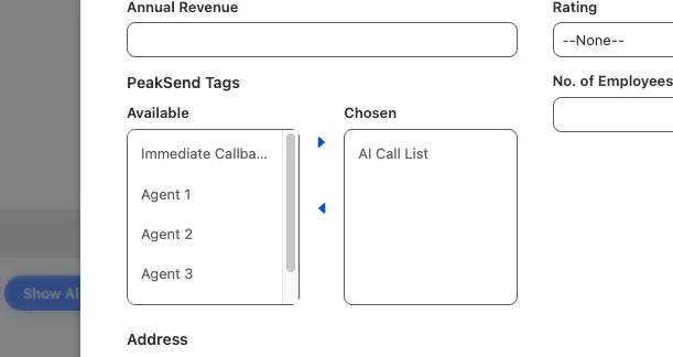 Salesforce contact record showing PeakSend_Tags field
